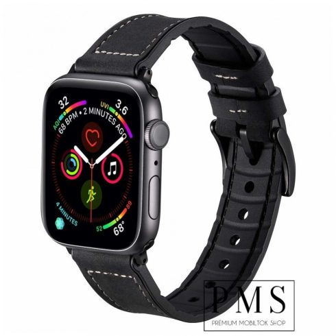 Apple Watch szilikon/bőr szíj (42mm/44mm), Fekete