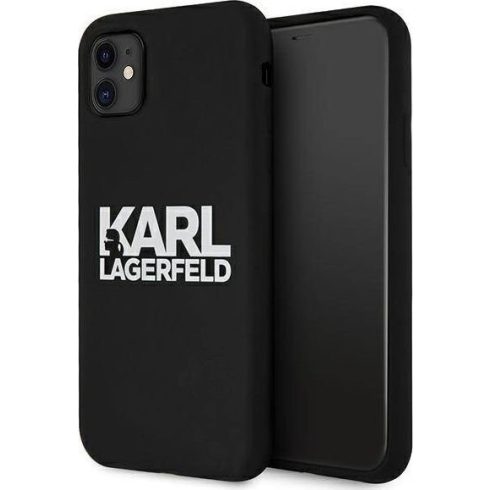 Apple iPhone 11 Karl Lagerfeld (KLHCN61SLKLRBK) Stack White Logo szilikon tok, Fekete