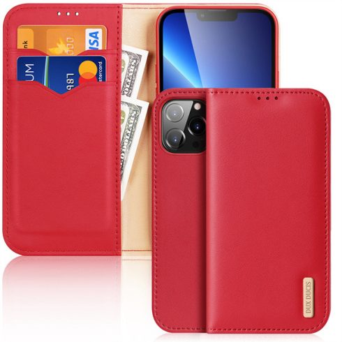 Apple iPhone 13 Pro Max Dux Ducis Hivo bőr wallet típusú flip tok, Piros